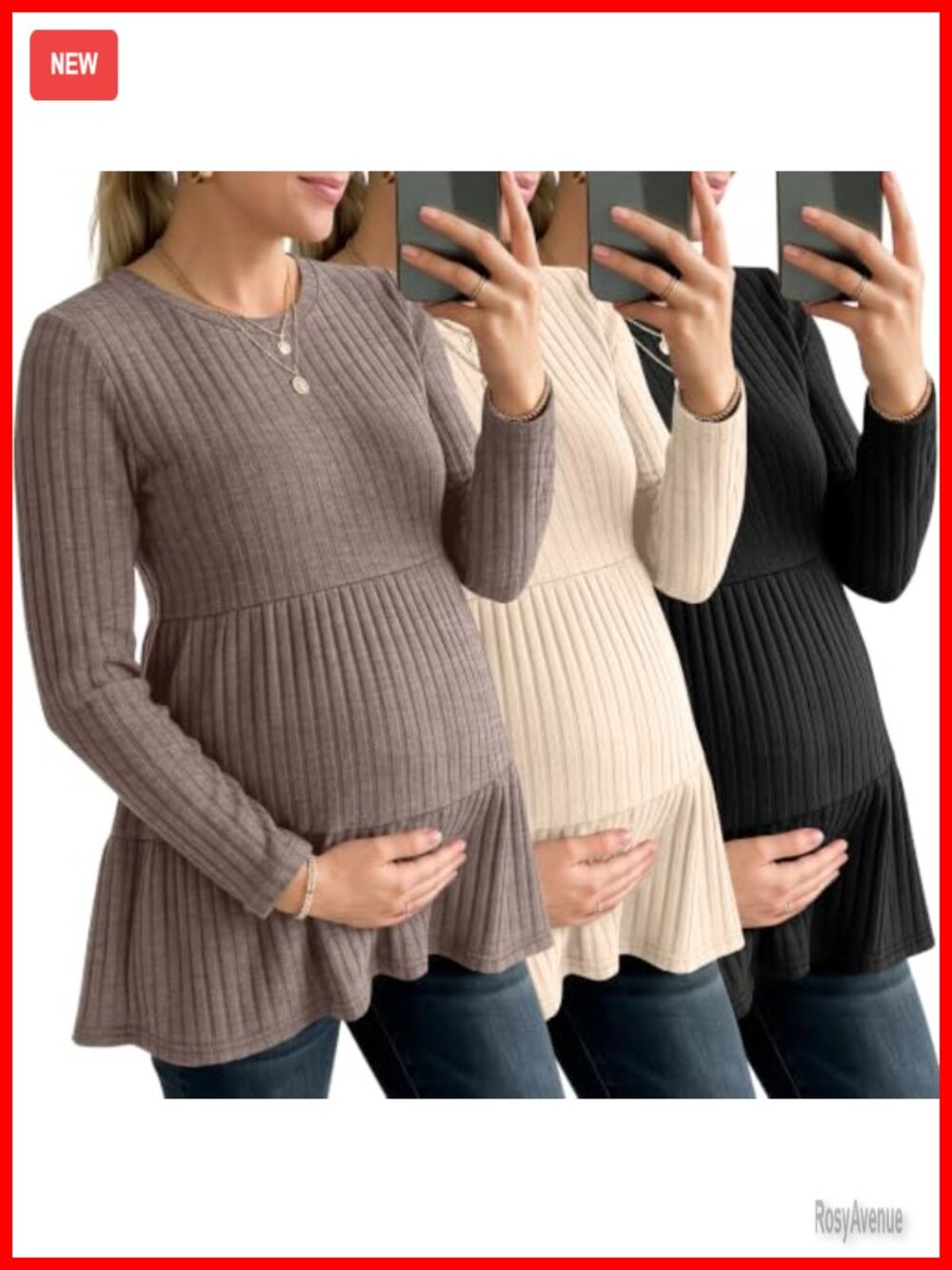 Women's Maternity Long Sleeve Babydoll Peplum Shirt 3 Pack Ribbed